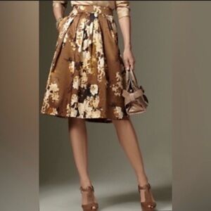 Talbots Floral Brown & Cream Pleated A-Line Skirt Satin Sheen Womens Size 8
